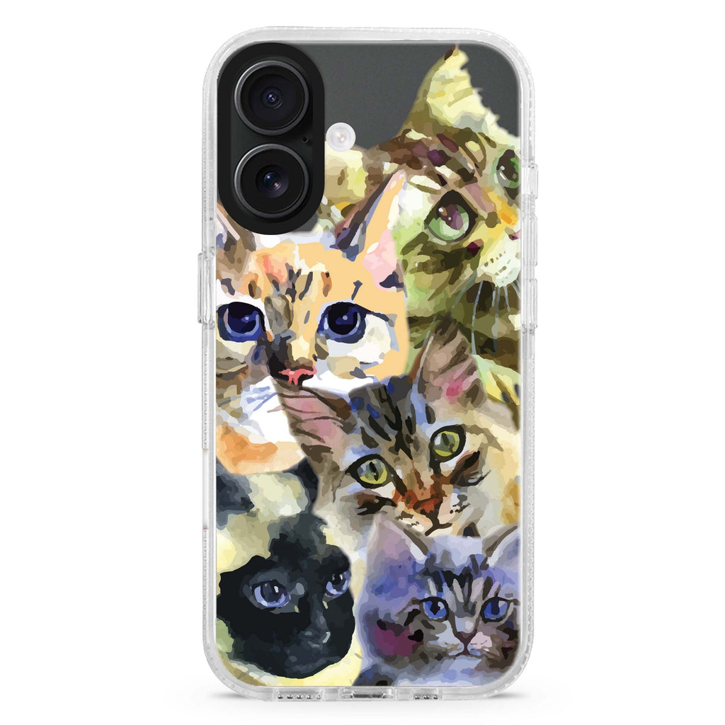 Watercolour Cat iPhone 16 and 16 Plus ultra clear case, transparent cat artwork, front product view