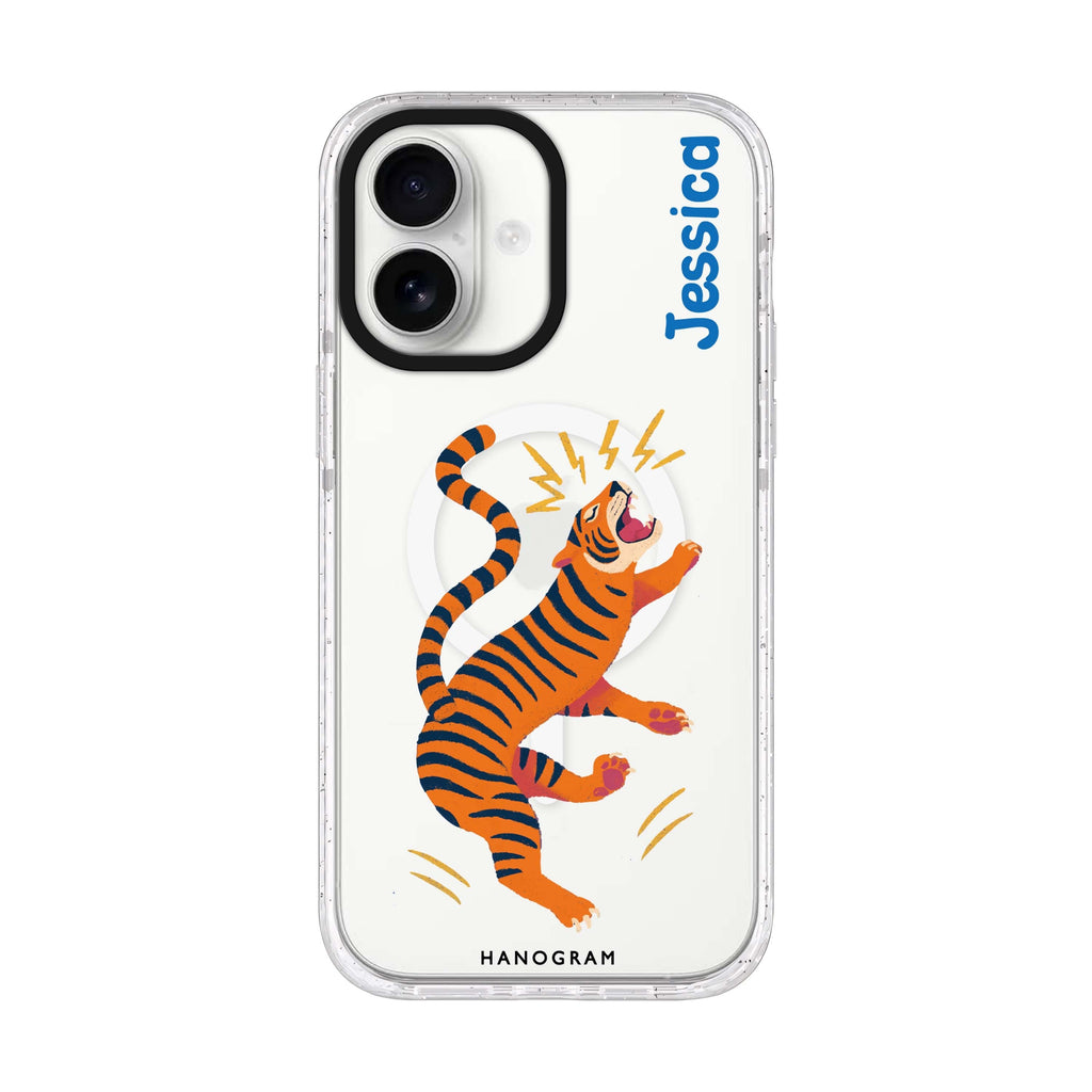 Roar in Motion personalized name iPhone 17 ultra clear MagSafe case, front product view