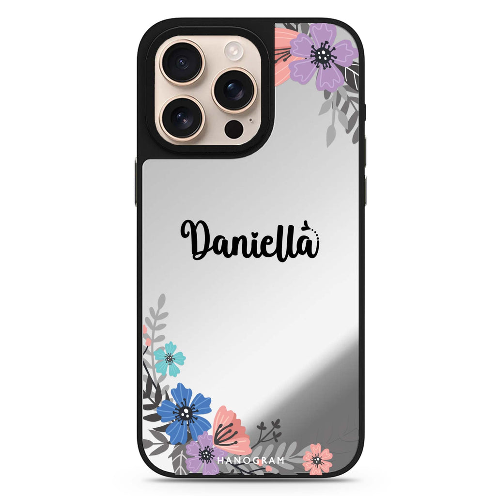 Blossom Bliss personalized name floral design iPhone 16/15/14 Pro Max & Pro mirror case