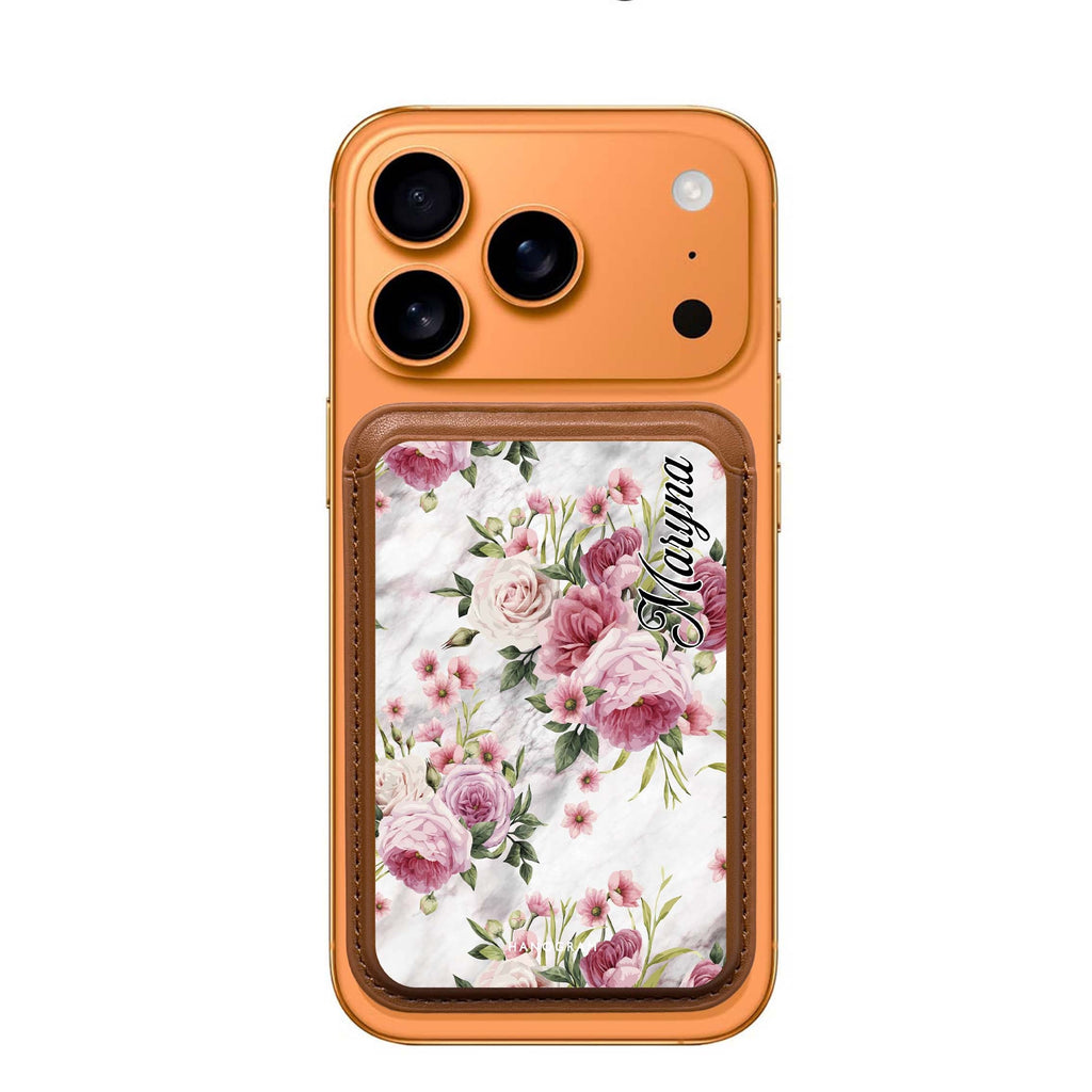 Marble and Pink Floral custom name MagSafe wallet for iPhone, personalized magnetic card holder, main view