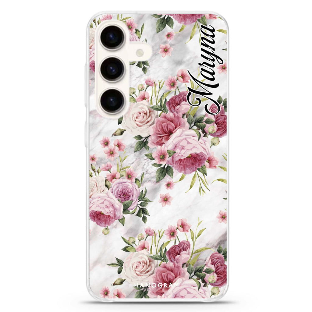 Marble and Pink Floral Samsung Galaxy Ultra Clear Case