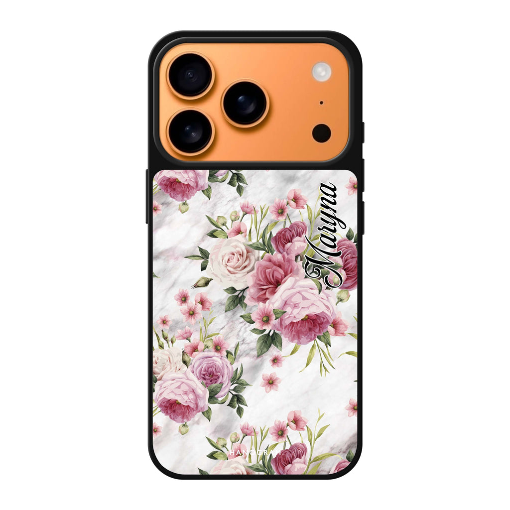 Marble and Pink Floral personalized name pink spring flower floral iPhone 17 Pro Max mirror case