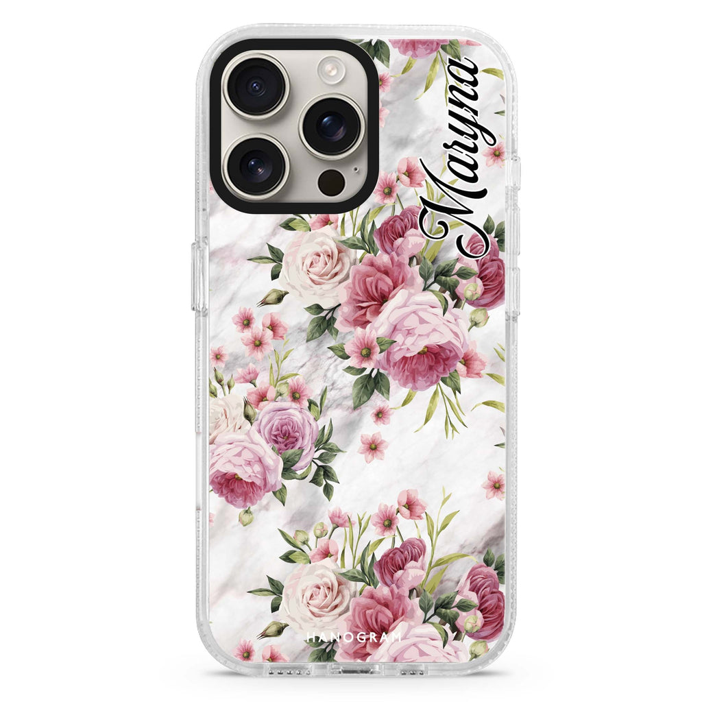 Marble and Pink Floral iPhone 16 Pro & 16 Pro Max Case - Personalized and Stylish Protection