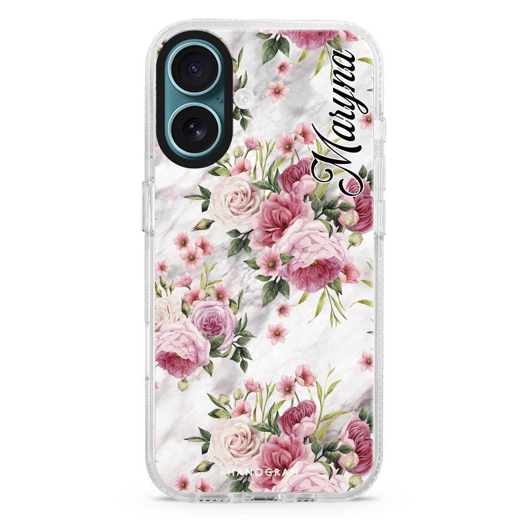 Marble and Pink Floral MagSafe Compatible iPhone 16 Ultra Clear Case - Personalized and Stylish Protection