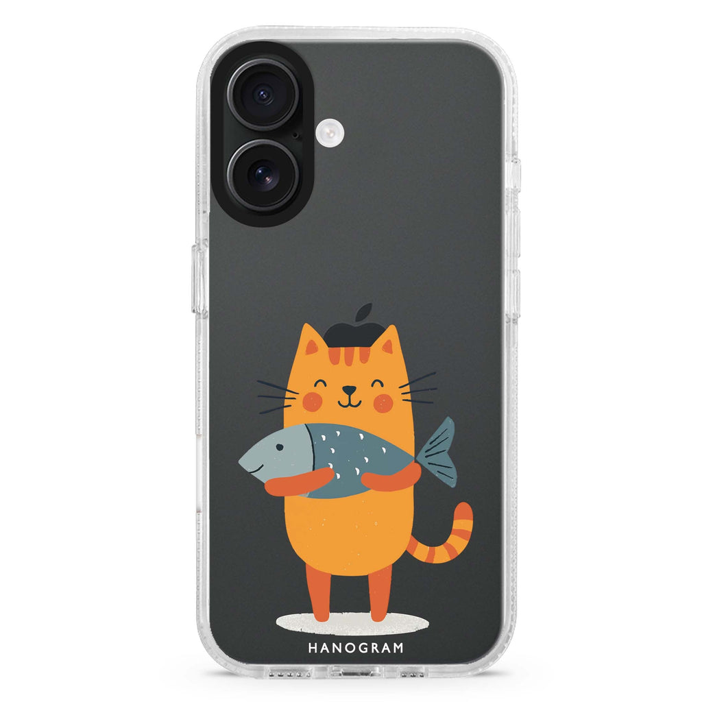 Big Catch Kitty iPhone 16 and 16 Plus ultra clear case, transparent cat artwork, front product view