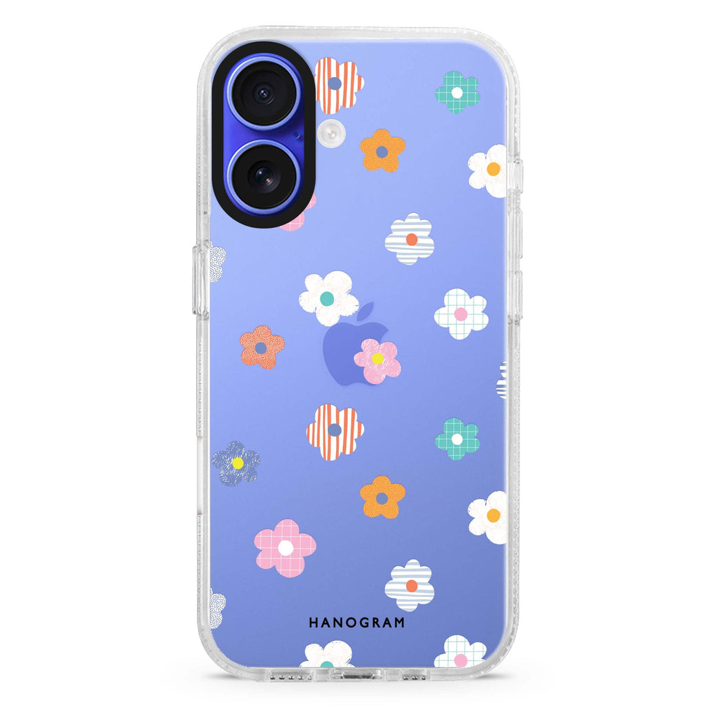 Floral Pattern iPhone 16 and 16 Plus ultra clear case, transparent floral artwork, front product view