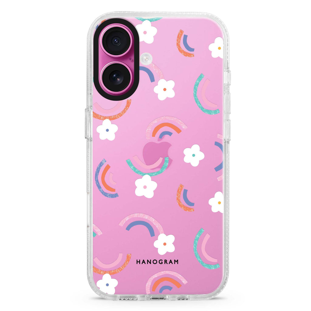 Rainbow Floral Style 2 iPhone 16 and 16 Plus ultra clear case, transparent floral artwork, front product view