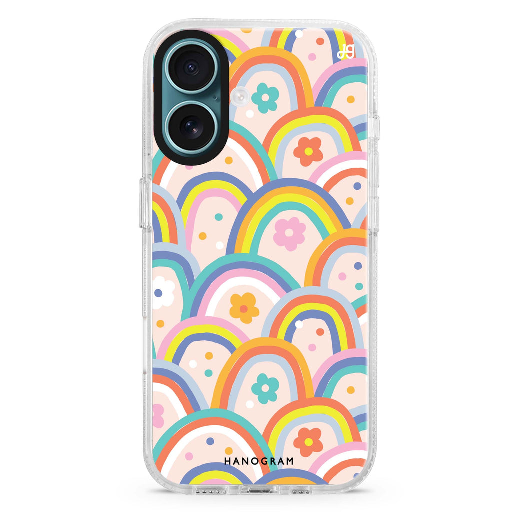 Colourful Rainbow Floral iPhone 16 and 16 Plus ultra clear case, transparent floral artwork, front product view