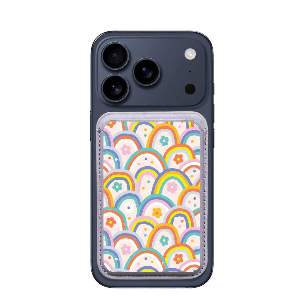 Colourful Rainbow Floral MagSafe wallet for iPhone, slim magnetic card holder, main view