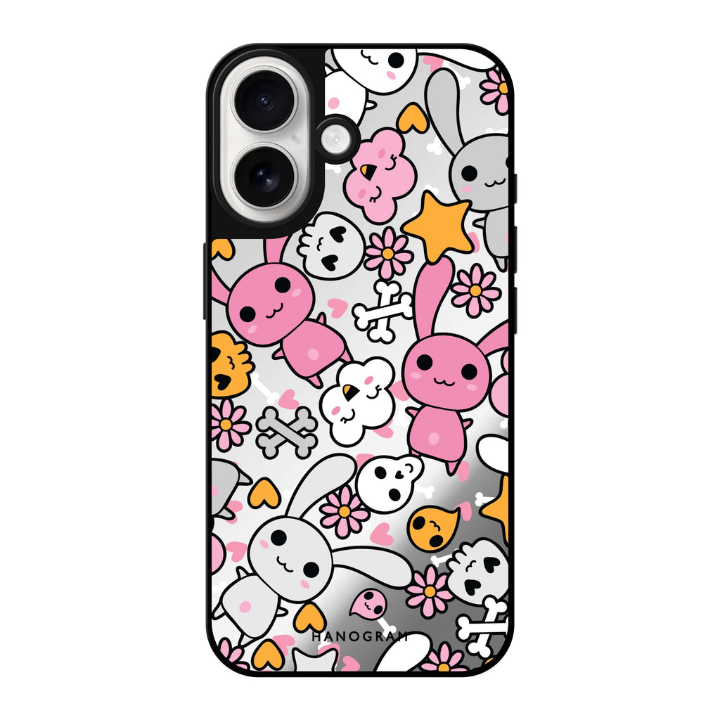 Reflective iPhone 16 Mirror Case –Bunny Doodles Design