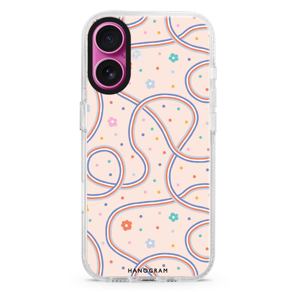 Floral & Line iPhone 16 and 16 Plus ultra clear case, transparent floral artwork, front product view