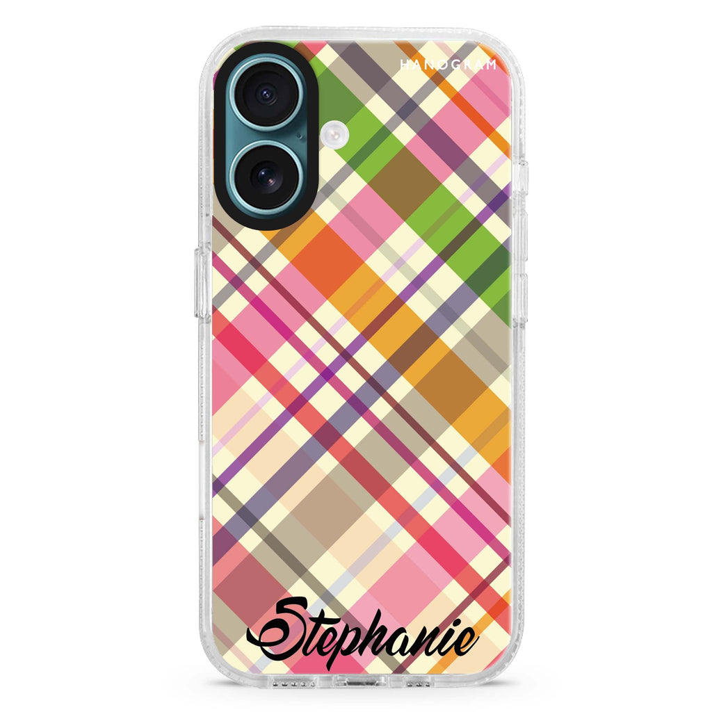 Colourful Checker Custom Name custom name iPhone 16 and 16 Plus ultra clear case, transparent name artwork, front product view