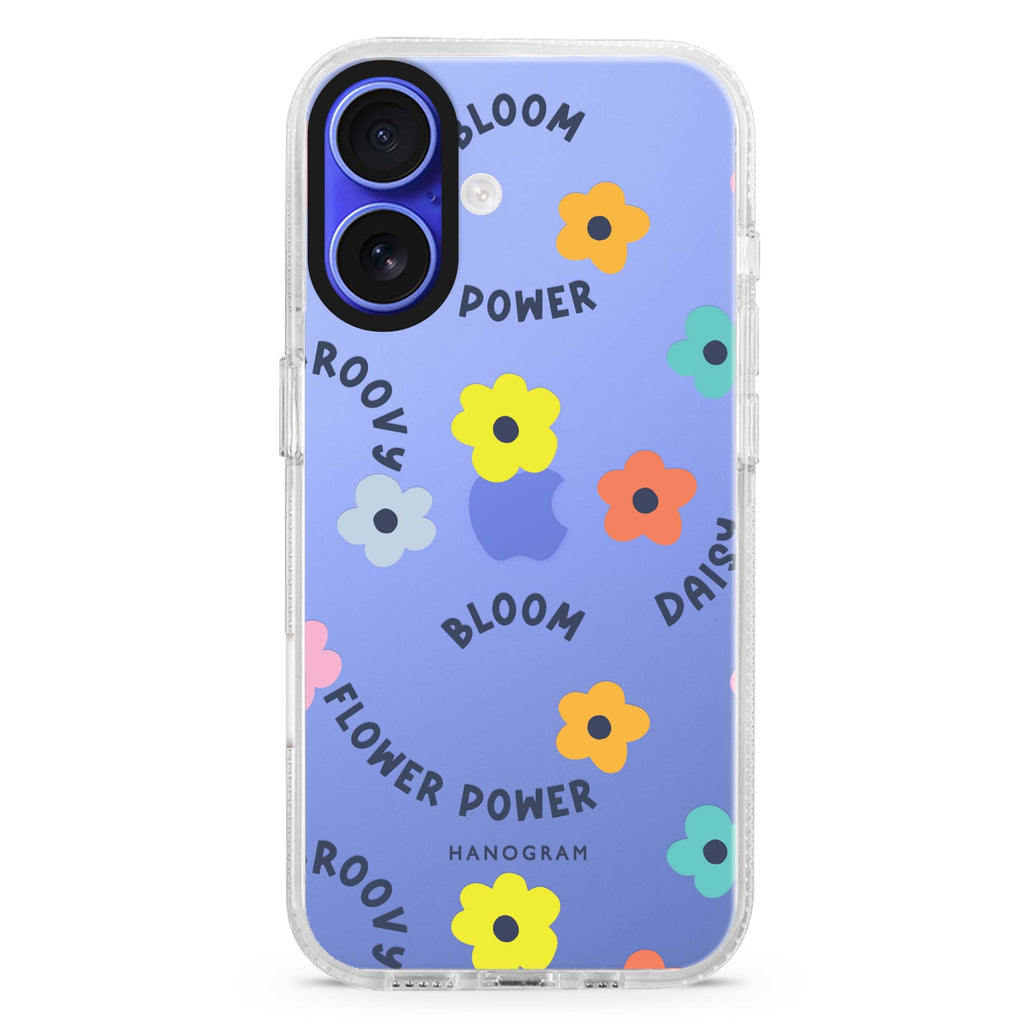 Flower Power iPhone 16 and 16 Plus ultra clear case, transparent floral artwork, front product view