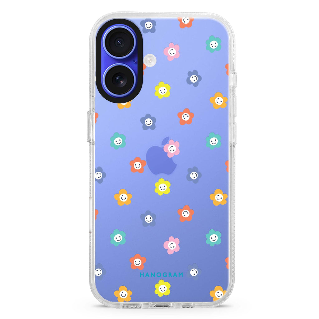Little Smile Flowers iPhone 16 and 16 Plus ultra clear case, transparent floral artwork, front product view