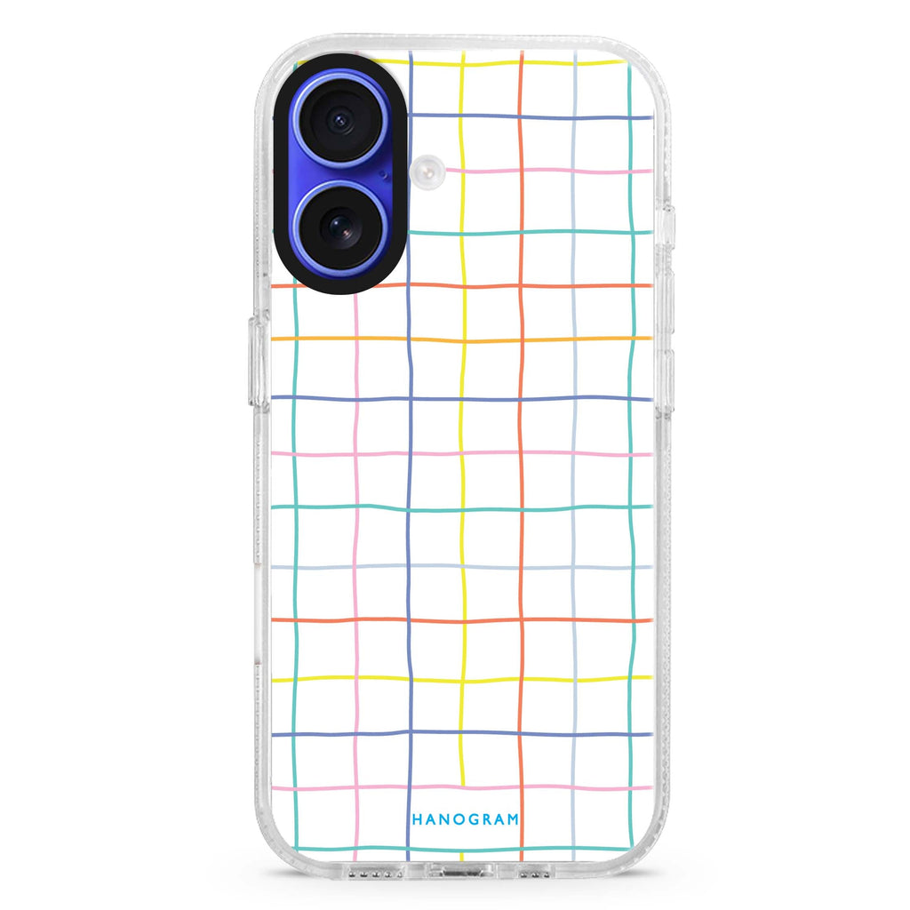 Colourful Checked Pattern iPhone 16 and 16 Plus ultra clear case, transparent abstract pattern, front product view