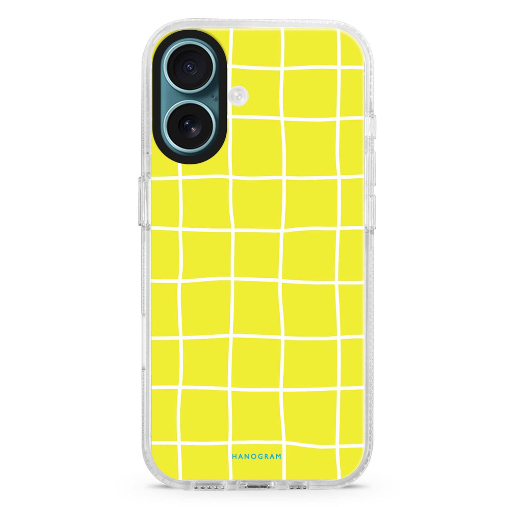 Yellow Checked Pattern iPhone 16 and 16 Plus ultra clear case, transparent abstract pattern, front product view
