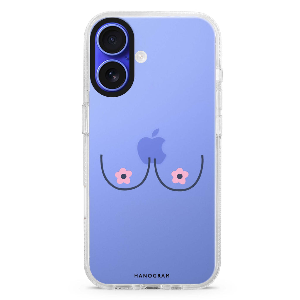 Floral Breast iPhone 16 and 16 Plus ultra clear case, transparent floral artwork, front product view
