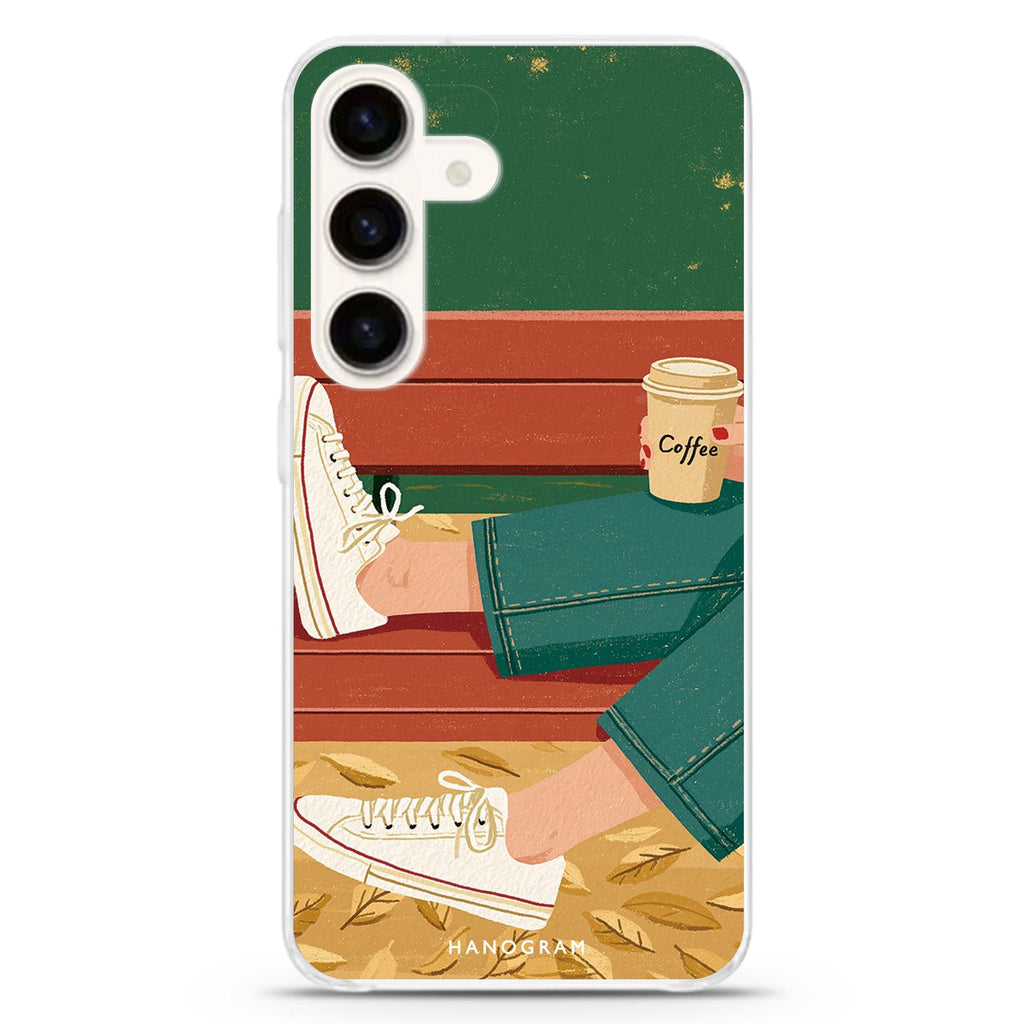 Coffee on the Autumn Bench Samsung Galaxy Ultra Clear Case — front view