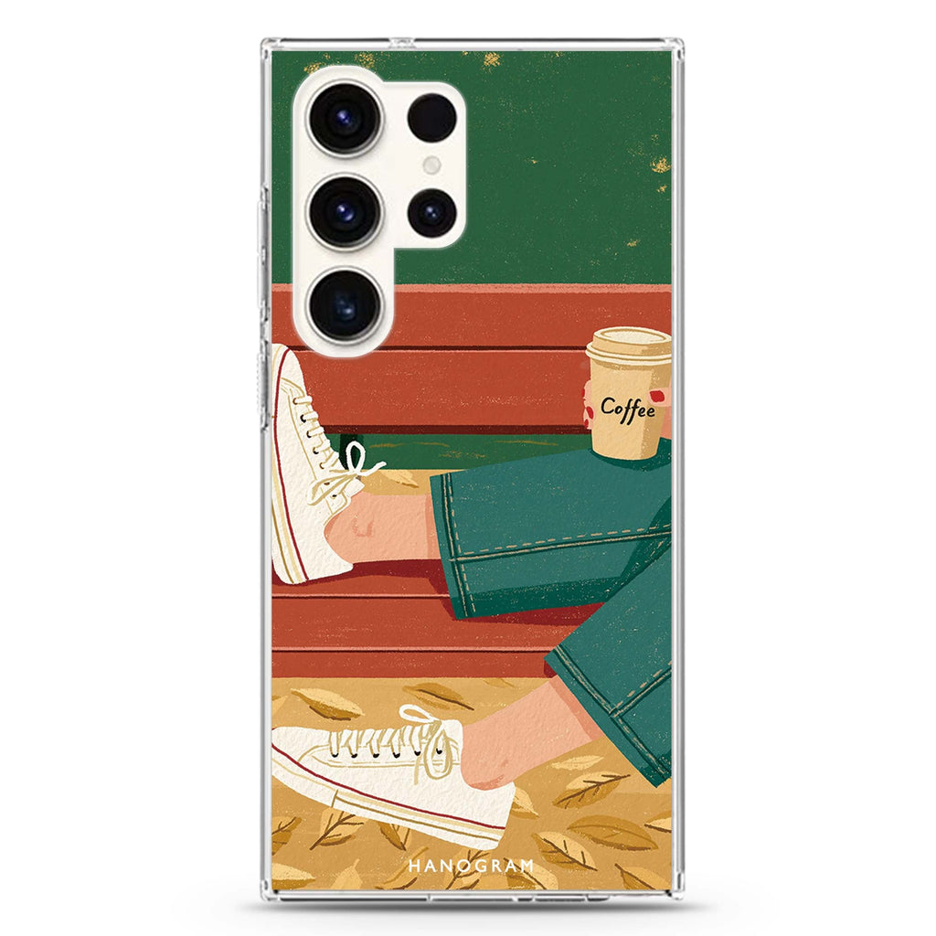 Coffee on the Autumn Bench Samsung Galaxy Ultra Clear Case — front view