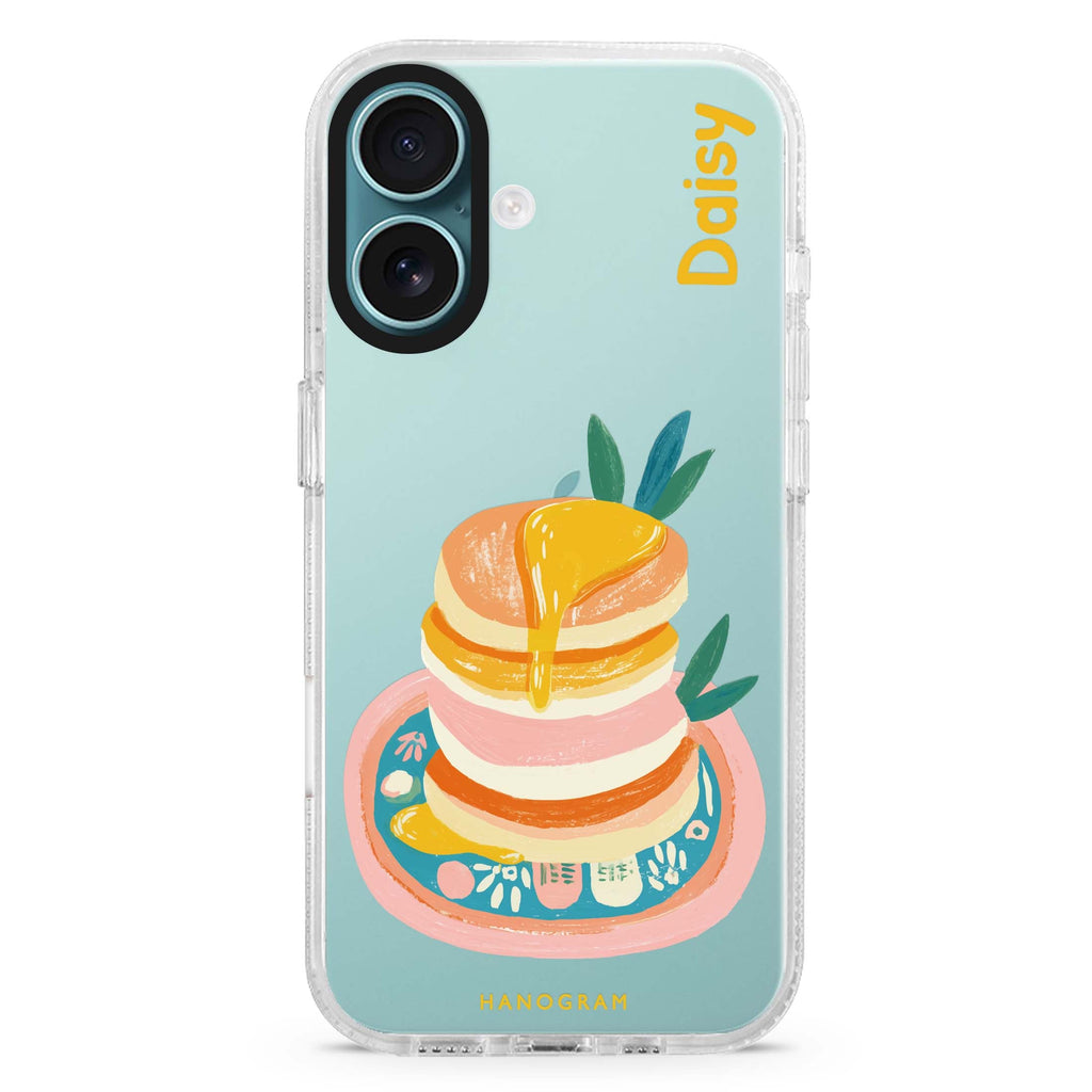 Blush Pancake Stack custom name iPhone 16 and 16 Plus ultra clear case, transparent food artwork, front product view