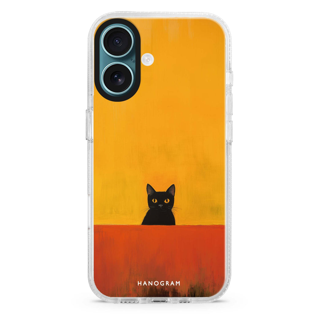 Minimalist Meow iPhone 16 and 16 Plus ultra clear case, transparent cat artwork, front product view