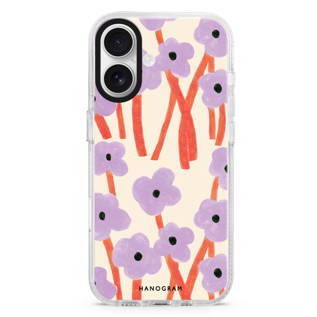 Floral iPhone 16 and 16 Plus ultra clear case, transparent floral artwork, front product view