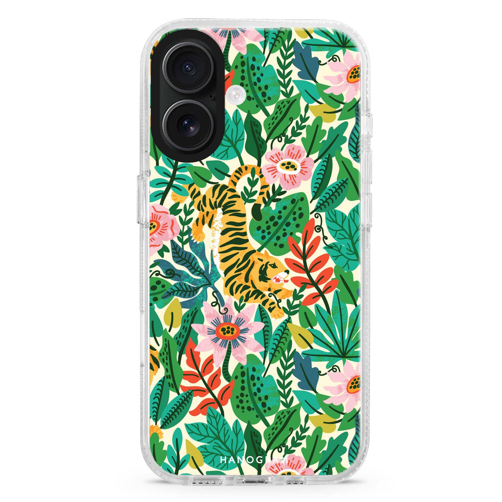 Tiger & Floral iPhone 16 and 16 Plus ultra clear case, transparent floral artwork, front product view