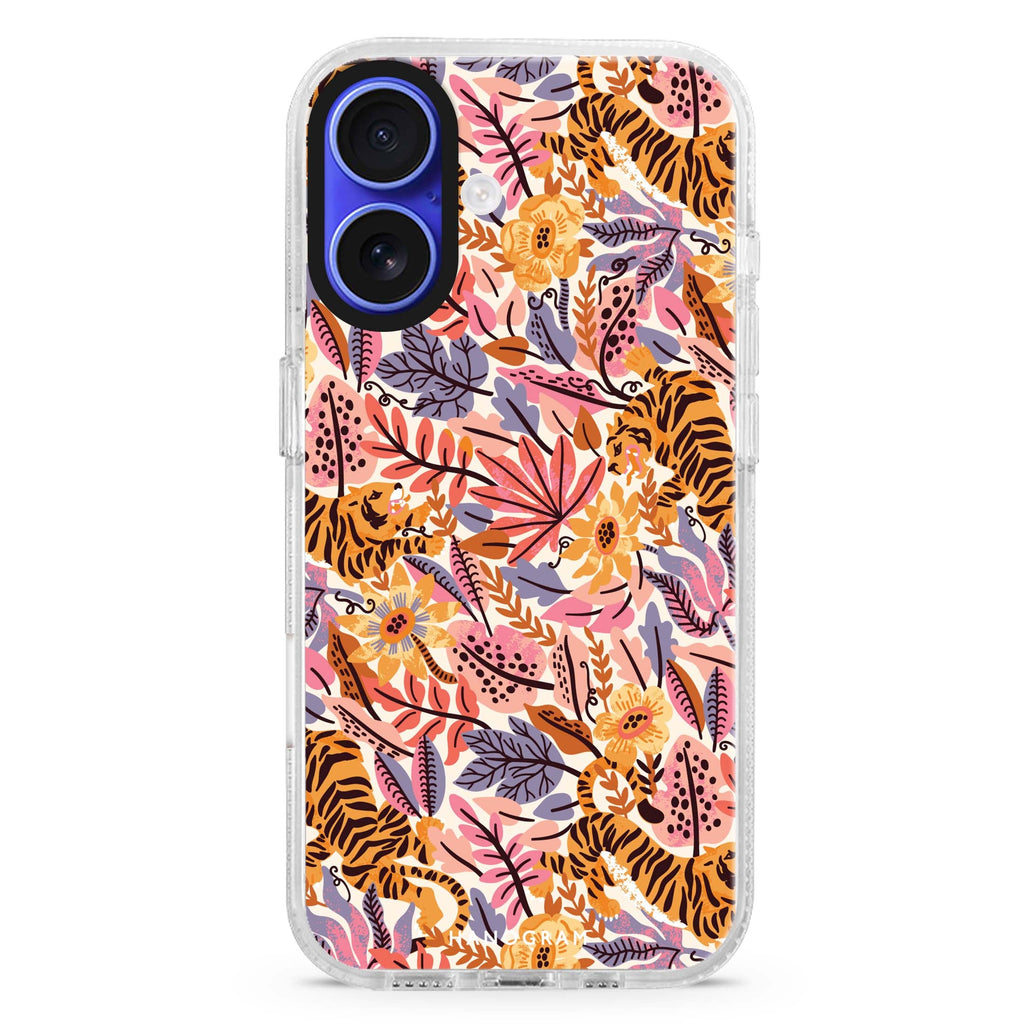 Tiger & Floral Style 3 iPhone 16 and 16 Plus ultra clear case, transparent floral artwork, front product view