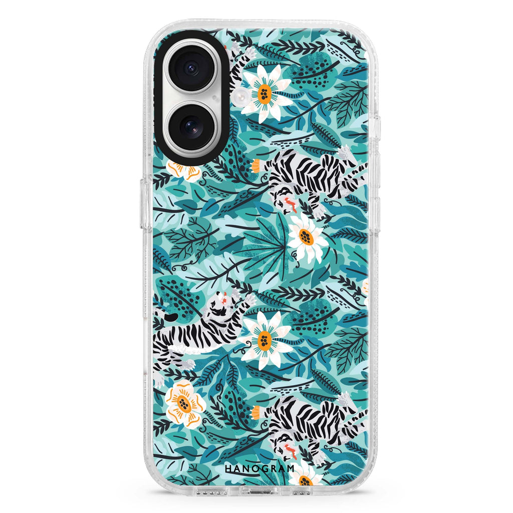 Tiger & Floral Style 4 iPhone 16 and 16 Plus ultra clear case, transparent floral artwork, front product view