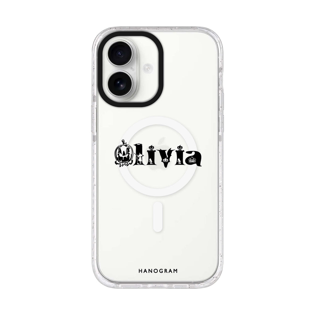 Pumpkin Glow Personal personalized name iPhone 17 ultra clear MagSafe case, front product view
