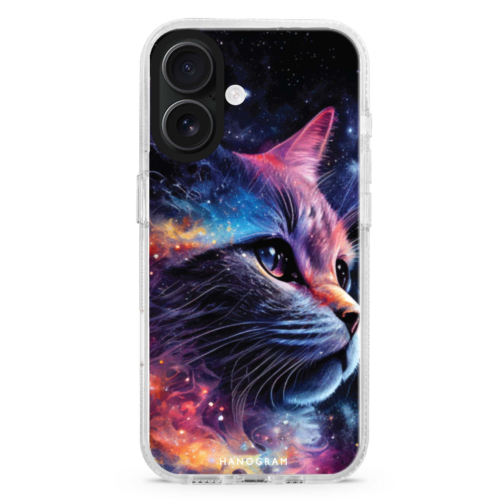 Galaxy Cat iPhone 16 and 16 Plus ultra clear case, transparent cat artwork, front product view