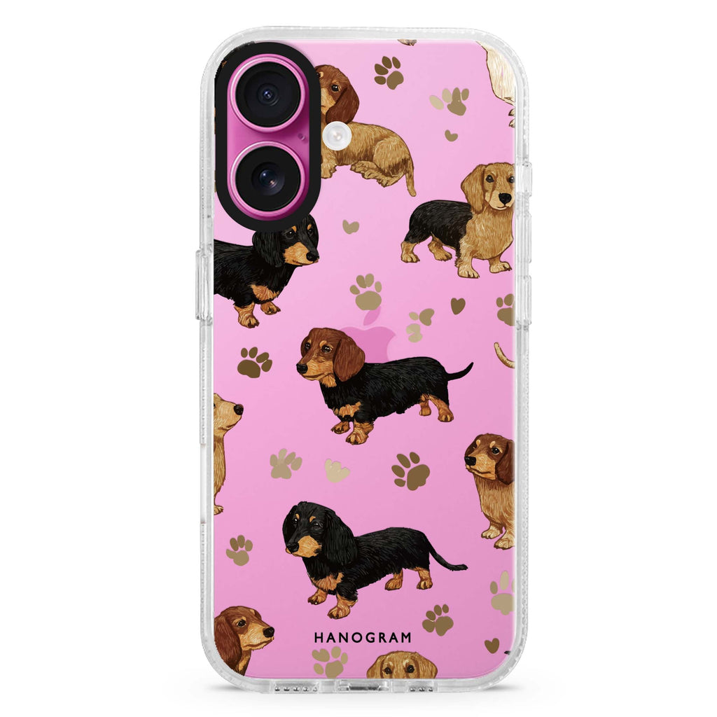 Pawprints of Love iPhone 16 and 16 Plus ultra clear case, transparent romantic artwork, front product view
