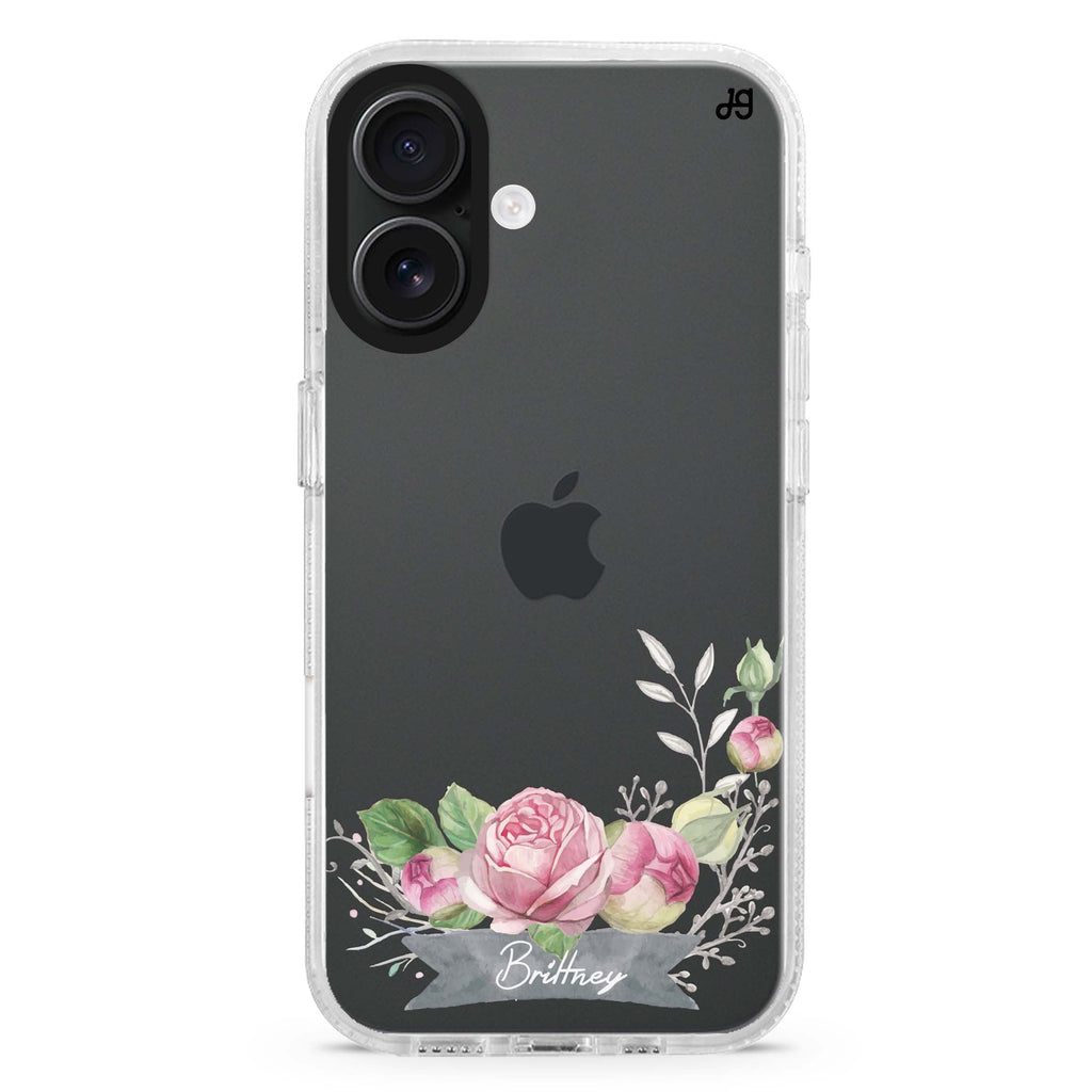Ribbon & Floral custom name iPhone 16 and 16 Plus ultra clear case, transparent floral artwork, front product view