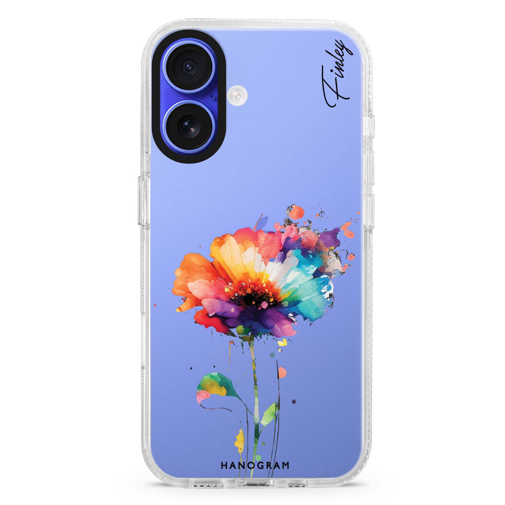 A Beautiful Watercolour Flower custom name iPhone 16 and 16 Plus ultra clear case, transparent floral artwork, front product view
