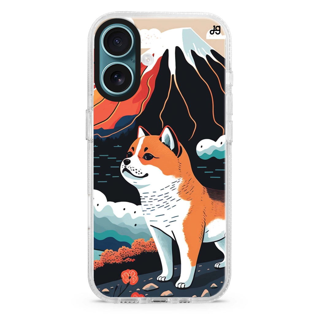 Shiba Inu with Fuji Mountain iPhone 16 and 16 Plus ultra clear case, transparent dog artwork, front product view