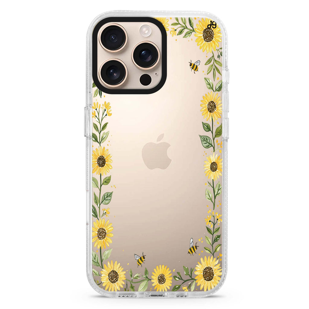 Honeybee Sunflower Border iPhone 16 Pro Max Ultra Clear Case - front view