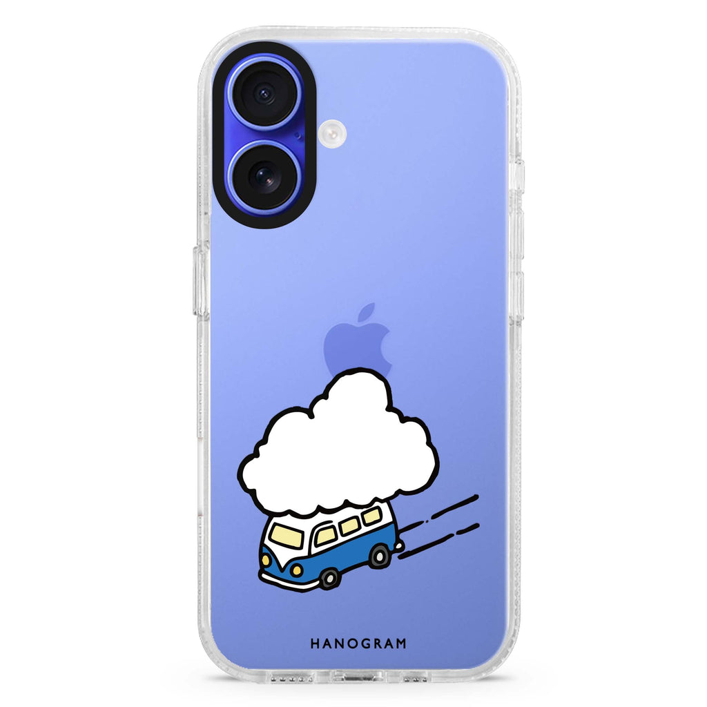 Cloud Trip iPhone 16 and 16 Plus ultra clear case, transparent celestial artwork, front product view