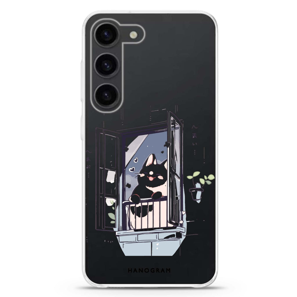 Ledge Lounging Kitty ultra-clear case for Samsung Galaxy S23/S22, front view