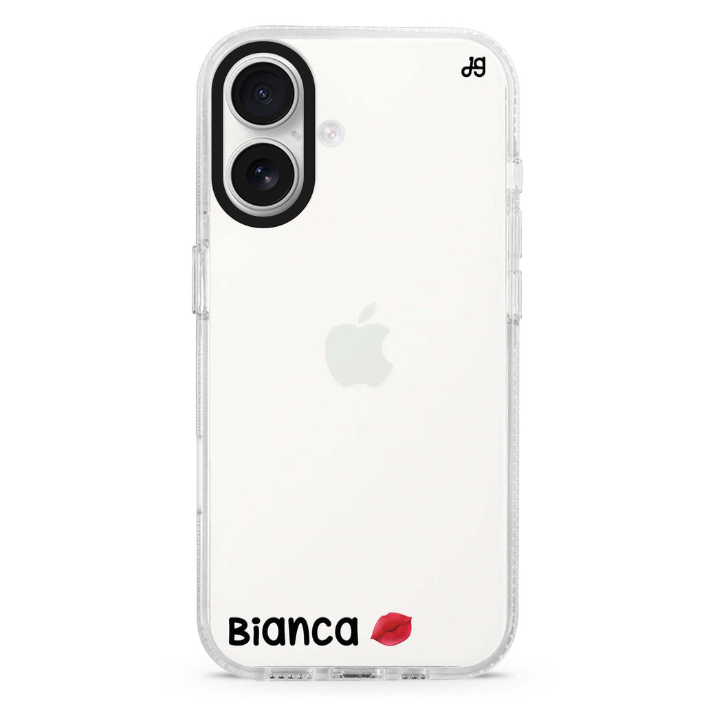 A Kiss custom name iPhone 16 and 16 Plus ultra clear case, transparent romantic artwork, front product view