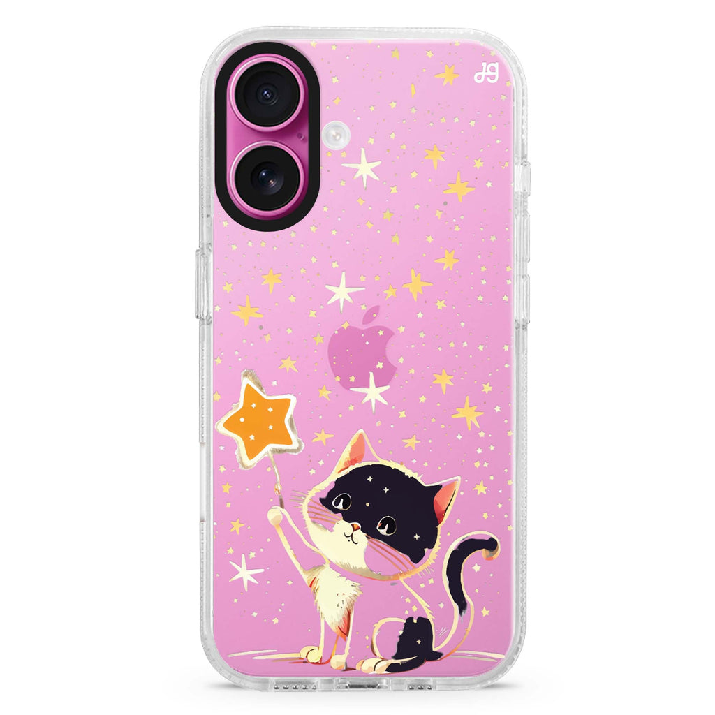 Cat & Star iPhone 16 and 16 Plus ultra clear case, transparent cat artwork, front product view