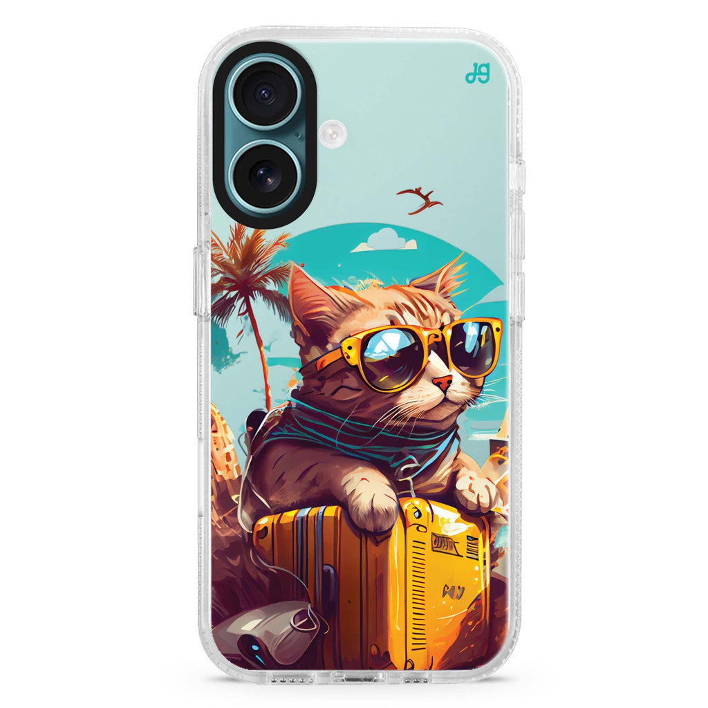 Travel Cat iPhone 16 and 16 Plus ultra clear case, transparent cat artwork, front product view