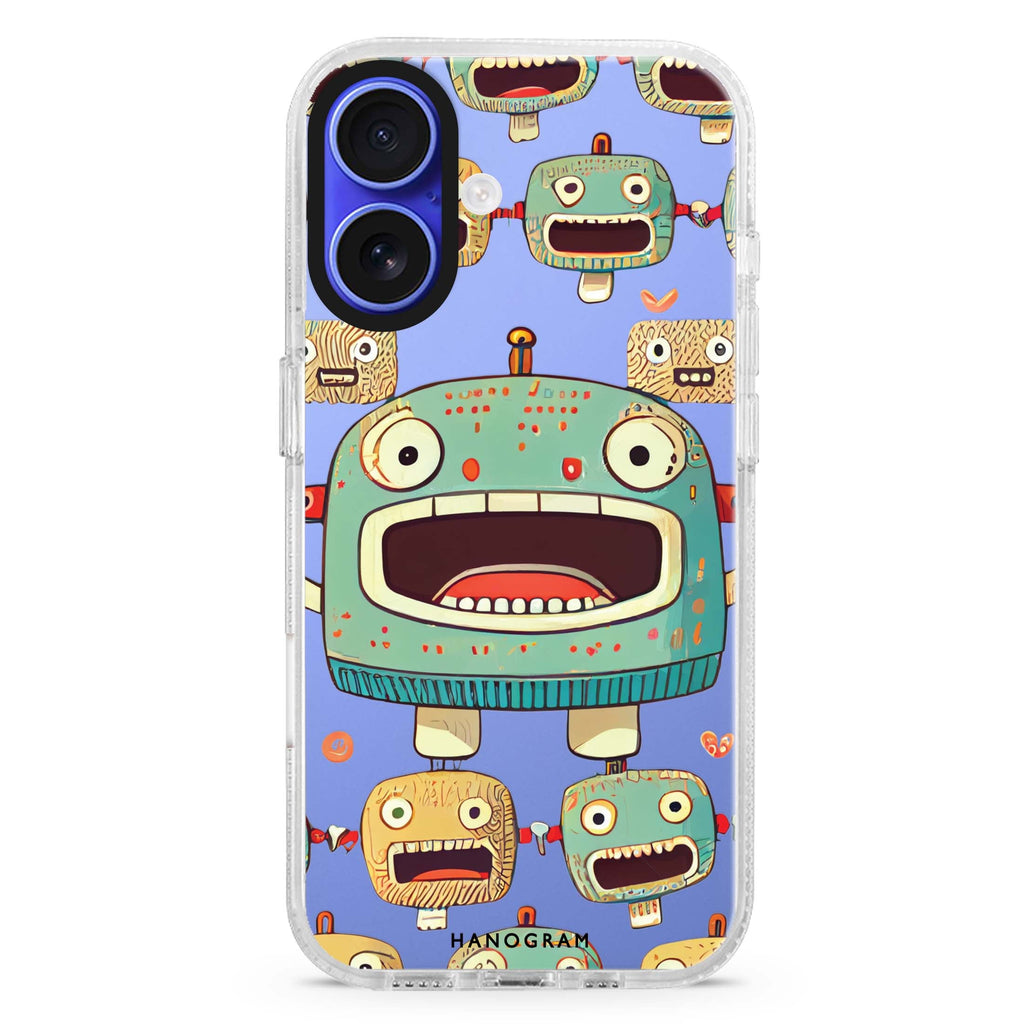 Cute robots iPhone 16 and 16 Plus ultra clear case, transparent graphic artwork, front product view