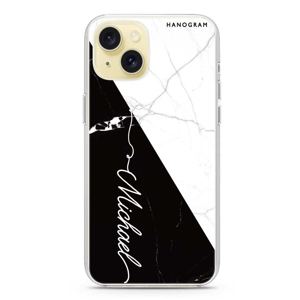 White And Black Marble iPhone 15 Plus MagSafe Compatible Ultra Clear Case