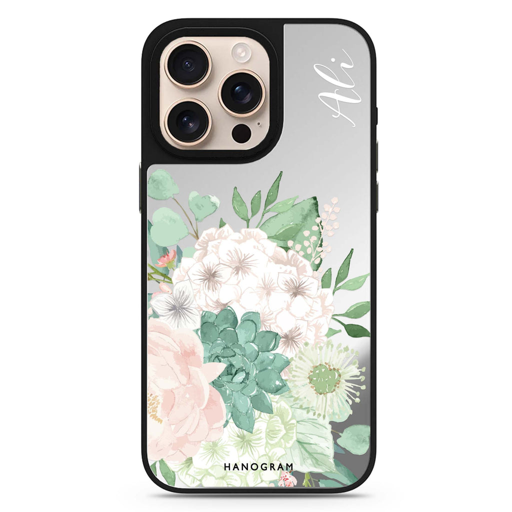 Vintage Flowers personalized name floral design iPhone 16/15/14 Pro Max & Pro mirror case