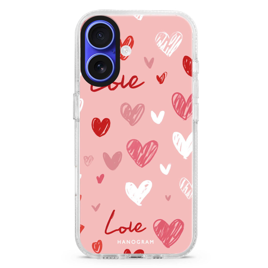 Love Grid iPhone 16 and 16 Plus ultra clear case, transparent abstract pattern, front product view