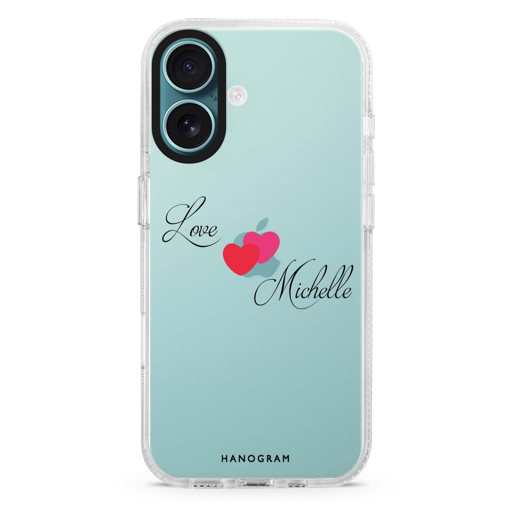 Sweet Heart custom name iPhone 16 and 16 Plus ultra clear case, transparent artistic artwork, front product view