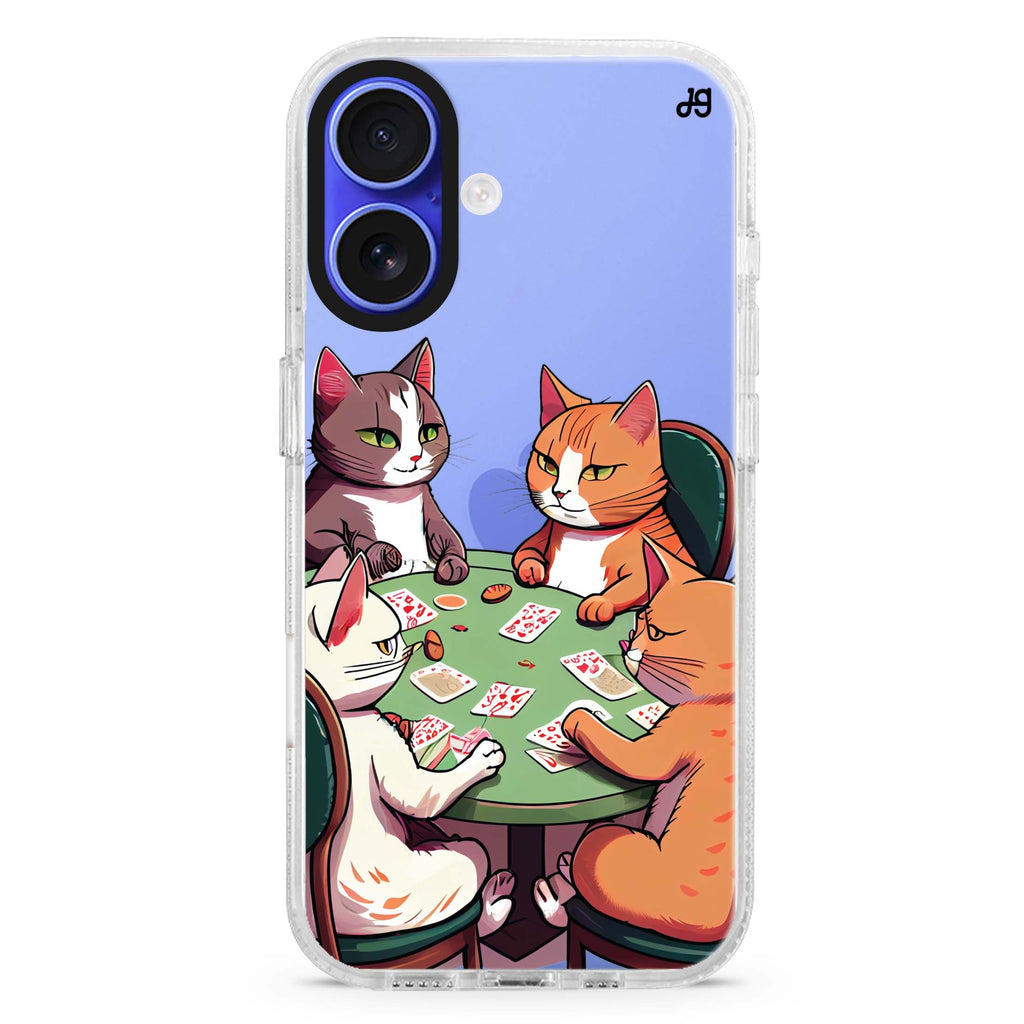 Cats & Game iPhone 16 and 16 Plus ultra clear case, transparent cat artwork, front product view