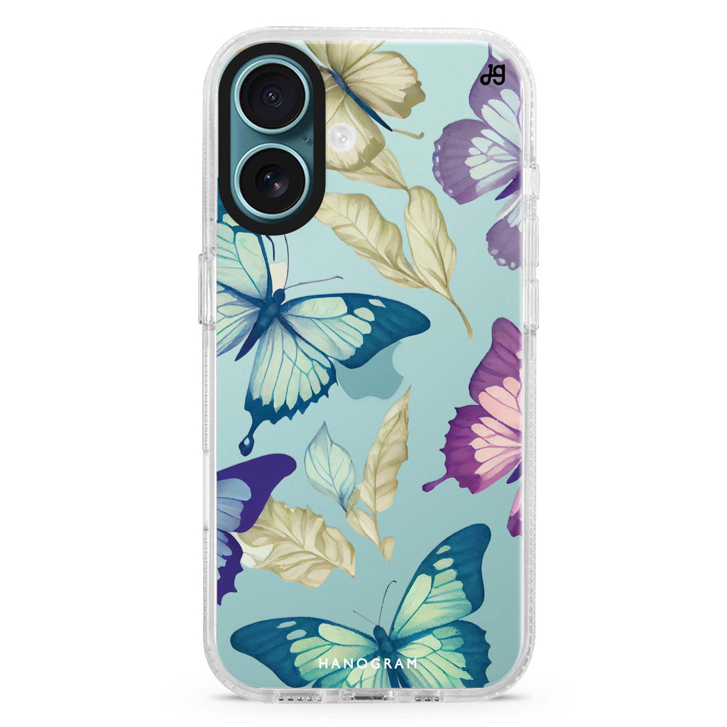 Beautiful Butterfly iPhone 16 and 16 Plus ultra clear case, transparent animal artwork, front product view