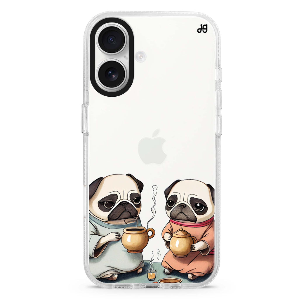 Pug Tea Time iPhone 16 and 16 Plus ultra clear case, transparent graphic artwork, front product view