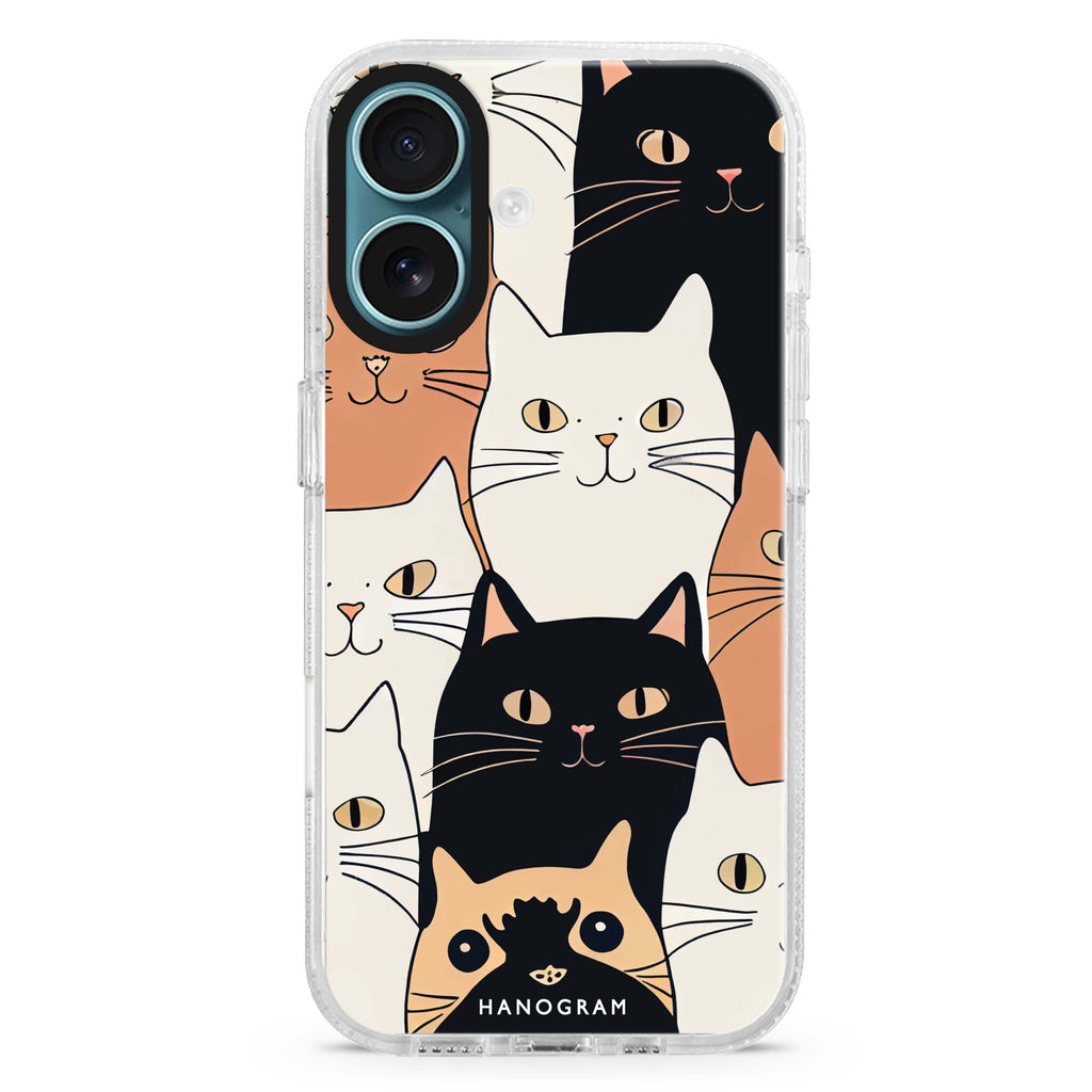 Look Cats iPhone 16 and 16 Plus ultra clear case, transparent cat artwork, front product view